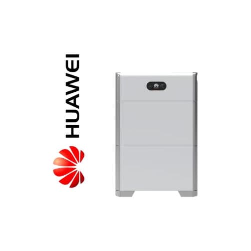 Batterie Huawei LUNA2000 de trois quarts, tour de modules gris clair empilés, à côté du logo Huawei.