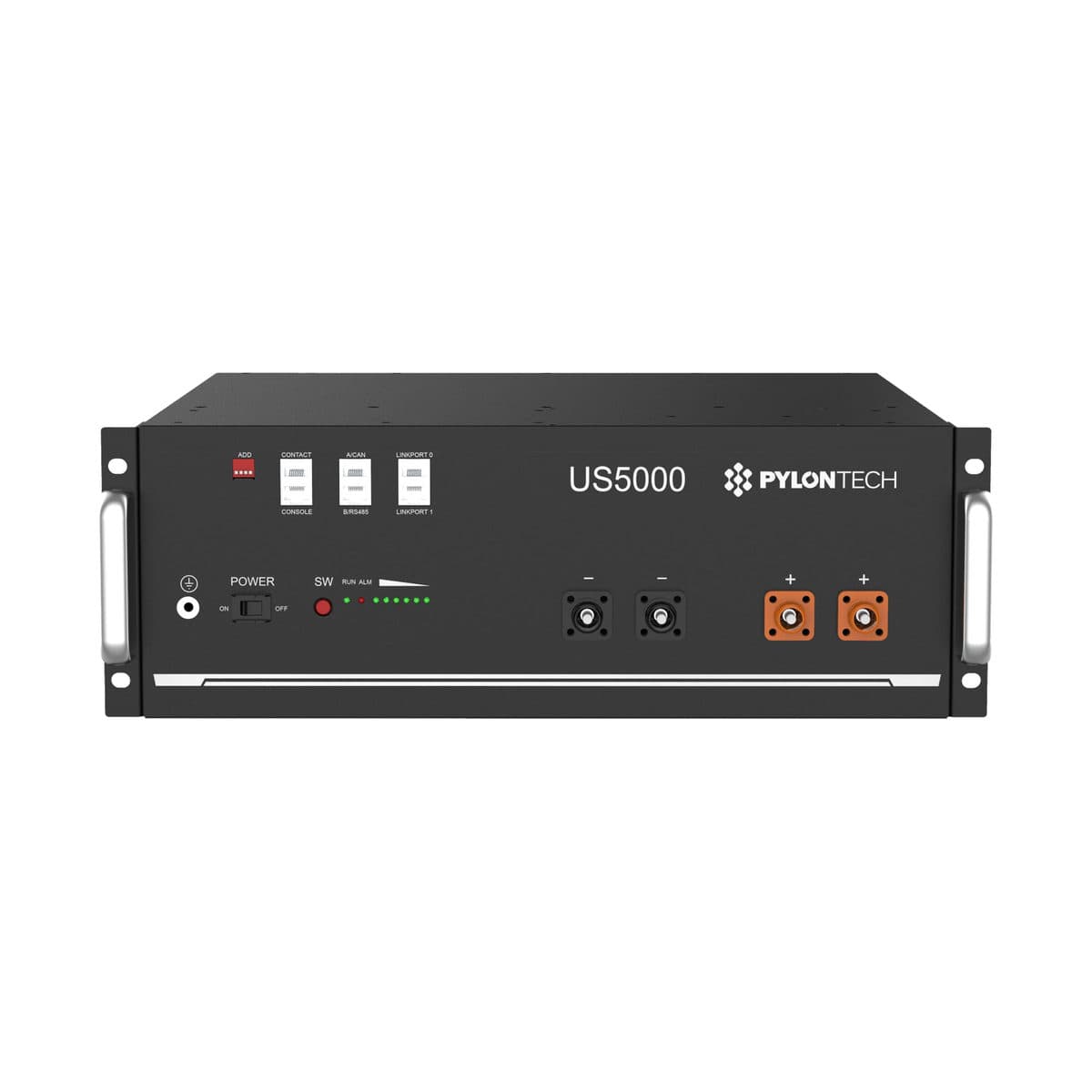 Batterie Pylontech US5000 de face, module rack noir sérigraphié US5000, interrupteur, réglette de voyants et bornes de puissance orange.