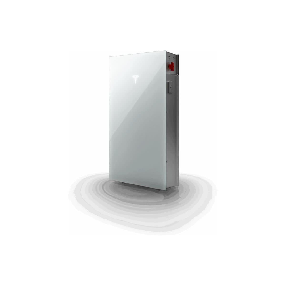 Batterie Tesla Powerwall 3 de trois quarts, façade blanche laquée, sectionneur rouge et flanc métallique.