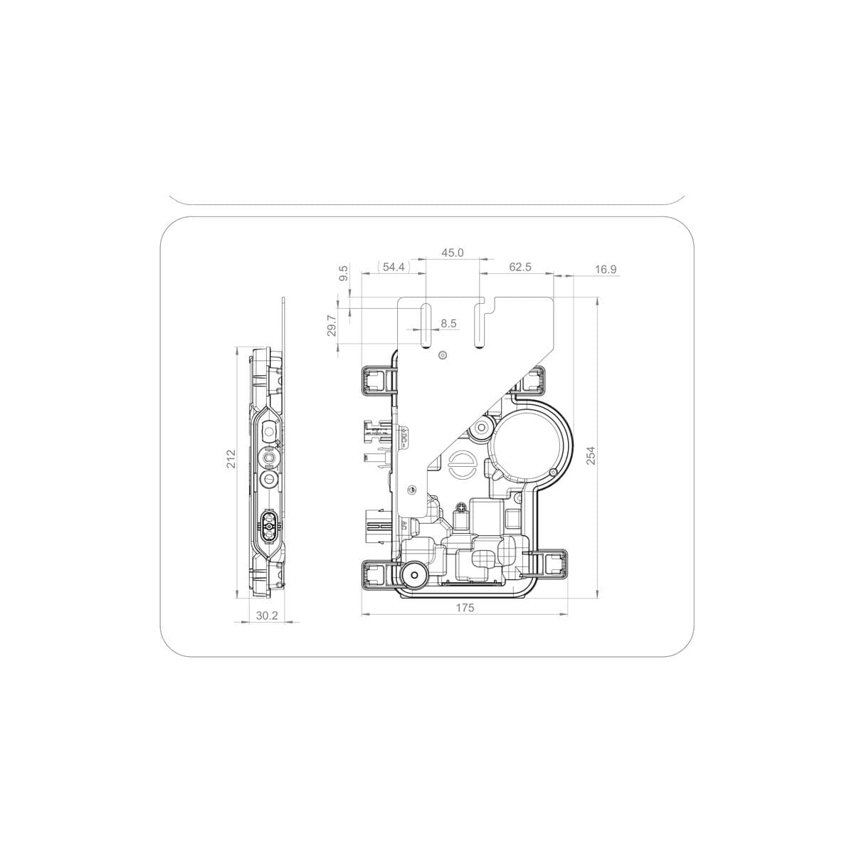 Schéma coté du micro-onduleur Enphase IQ8AC : dimensions du boîtier en millimètres, vu de face et de profil.