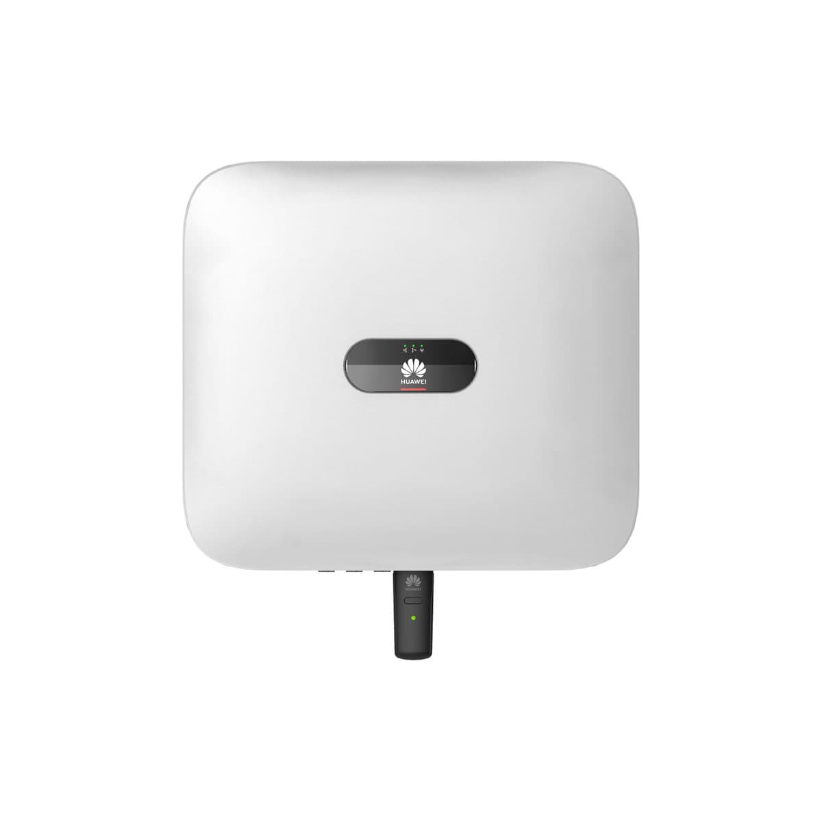 Onduleur Huawei SUN2000-6KTL-M1 de face, boîtier blanc à façade lisse, bandeau de voyants noir au logo Huawei et sectionneur en partie basse.