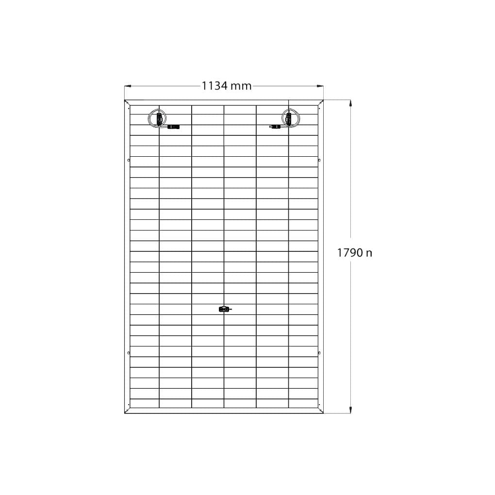 Schéma coté du panneau SunPower Performance 7 bifacial : vue arrière du module, largeur 1 134 mm, position des boîtiers de jonction.