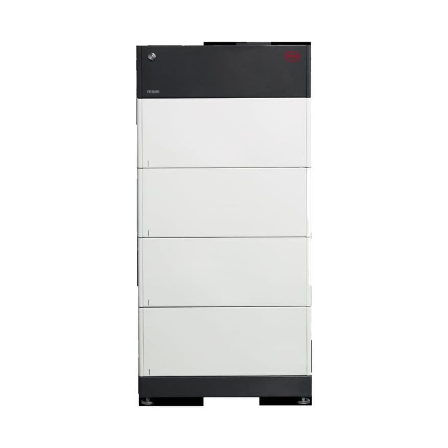 Battery-Box Premium BYD de face : colonne de modules blancs sur son socle, coiffée de l’unité de commande noire.