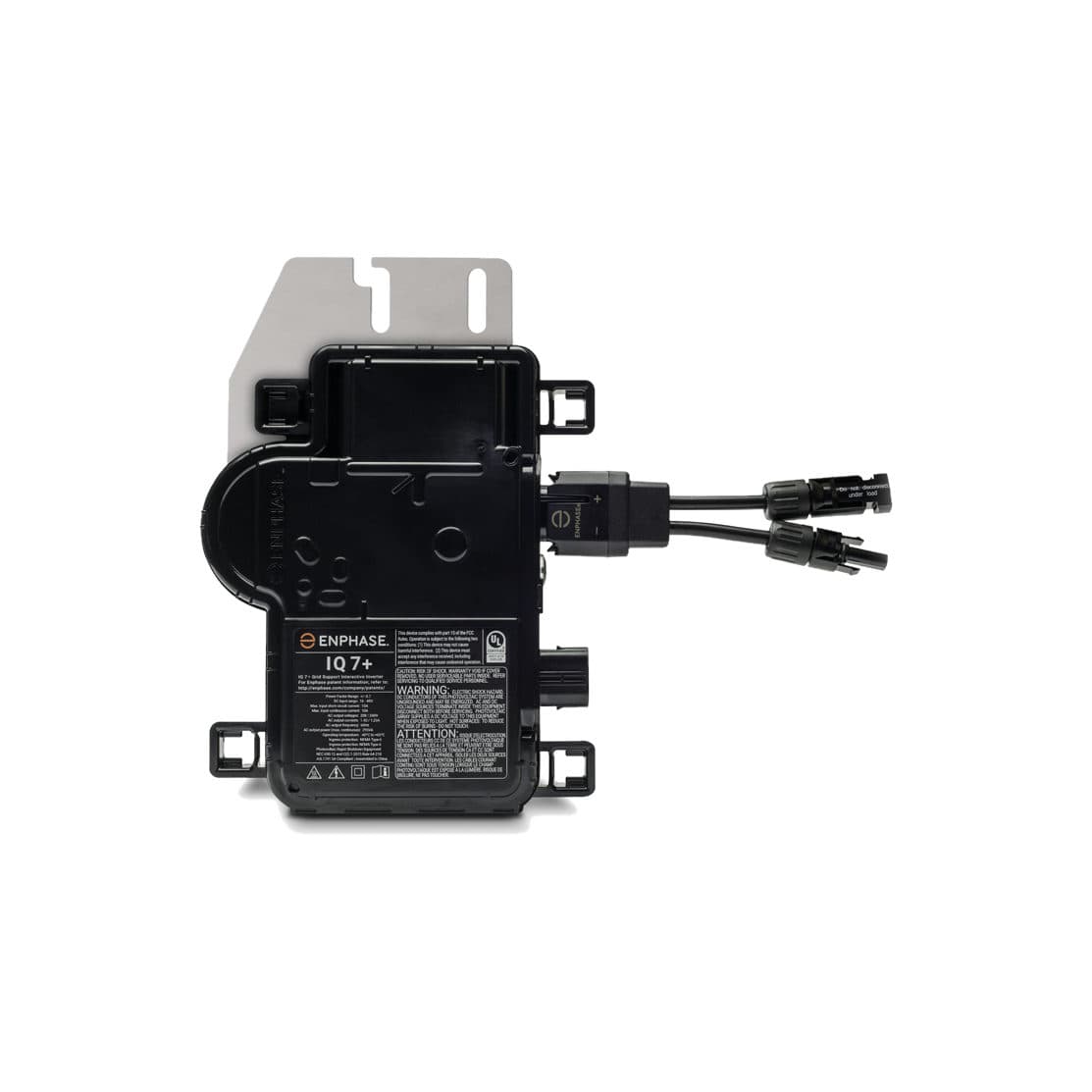Micro-onduleur Enphase IQ7+ noir de trois quarts, avec son étrier de fixation et ses connecteurs débrochables.