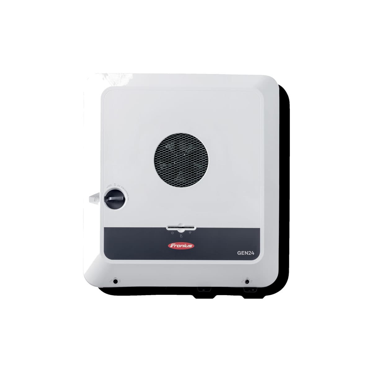 Onduleur Fronius Primo GEN24 Plus vu de face en légère perspective : capot blanc, grille de ventilation circulaire et sectionneur DC rotatif.