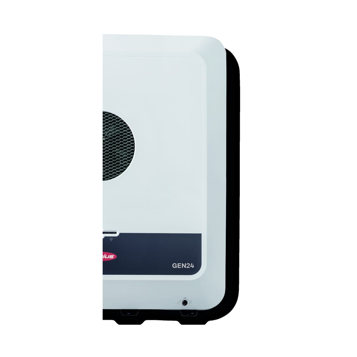 Onduleur Fronius Primo GEN24 Plus vu de trois quarts, montrant l’épaisseur du boîtier et son flanc arrière.