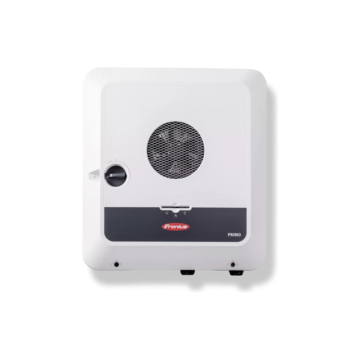 Onduleur Fronius Primo GEN24 Plus de face, boîtier blanc à grille de ventilateur ronde, sectionneur DC à gauche et bandeau anthracite au logo Fronius portant la mention PRIMO.