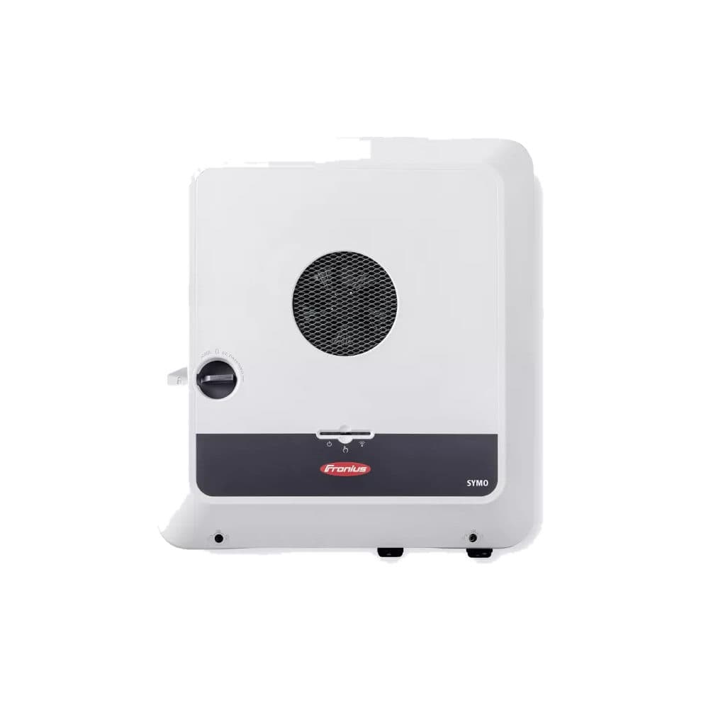 Onduleur Fronius Symo GEN24 Plus de face, boîtier blanc à grille de ventilateur ronde, sectionneur DC à gauche et bandeau anthracite au logo Fronius portant la mention SYMO.