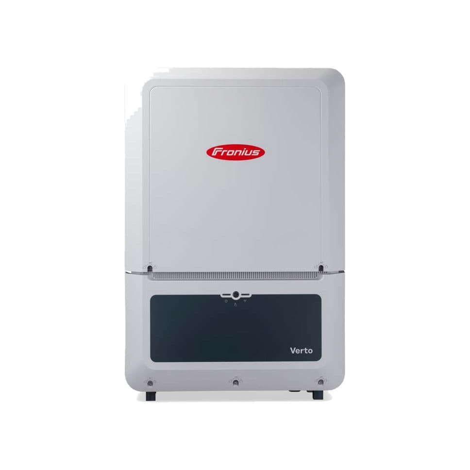 Onduleur Fronius Verto de face, boîtier gris clair au logo Fronius rouge et capot de raccordement sombre portant la mention Verto.