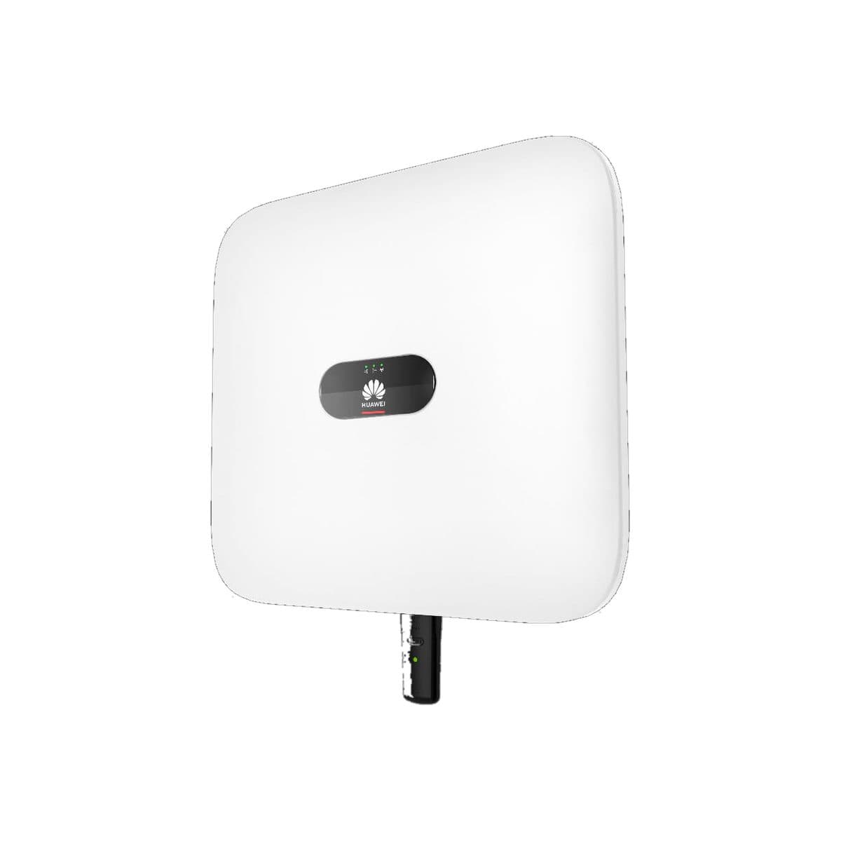 Onduleur Huawei SUN2000 KTL-M1 en légère plongée : capot blanc bombé, voyant central et bloc de raccordement noir sous le boîtier.