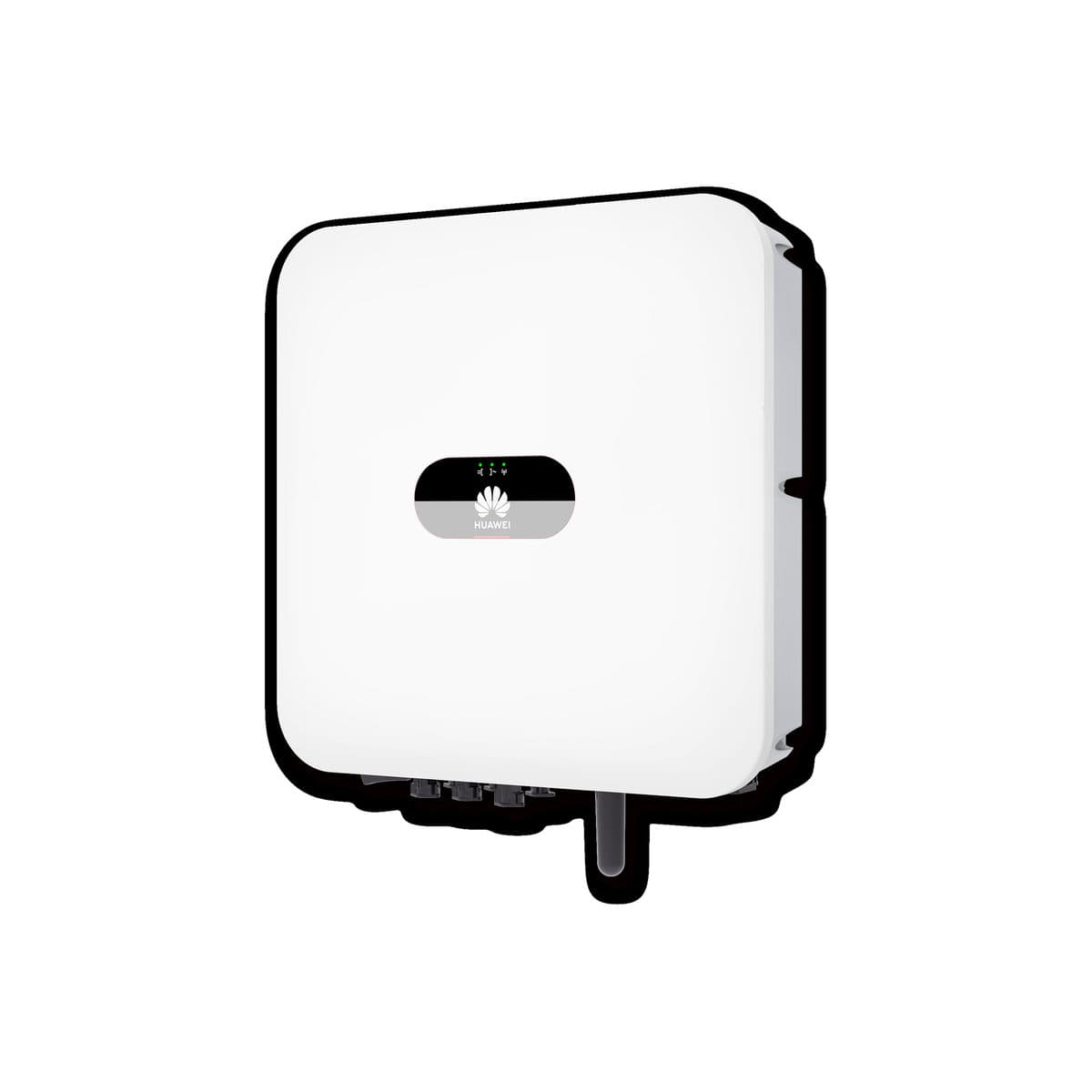 Onduleur Huawei SUN2000-3KTL-L1 vu de trois quarts : boîtier blanc à bords noirs arrondis, bandeau de voyants et connecteurs en partie basse.