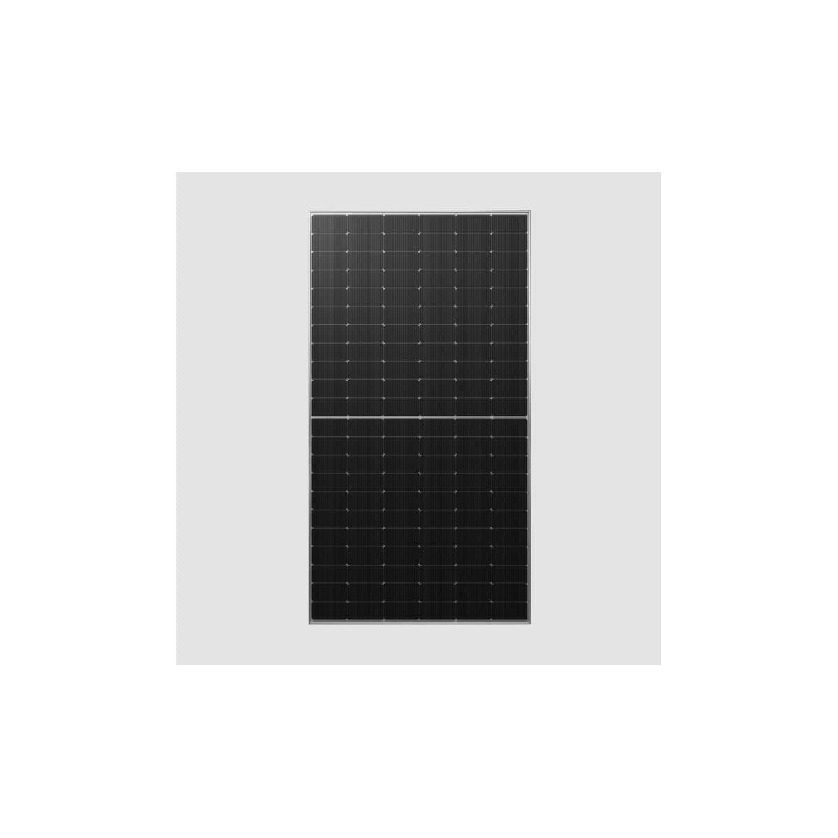 Panneau DAS Solar monocristallin bifacial TOPCon de face, cadre argent et cellules noires coupées en demi-format.