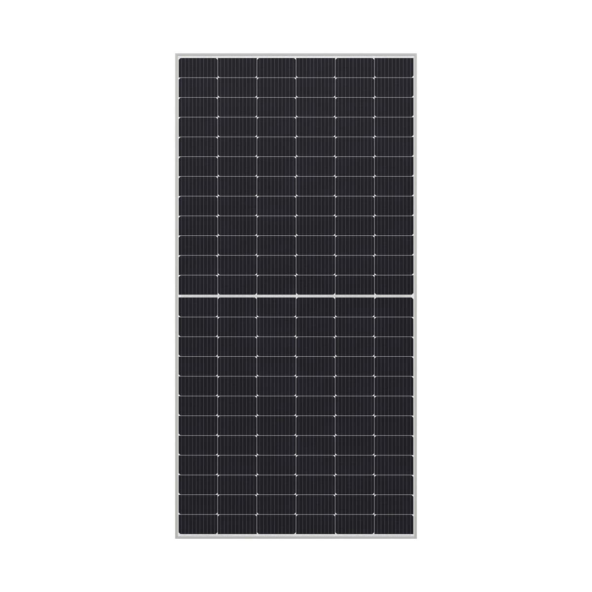 Module Sharp NB-JD545/550 bifacial vu de face, cellules noires coupées en demi-format et cadre aluminium clair.