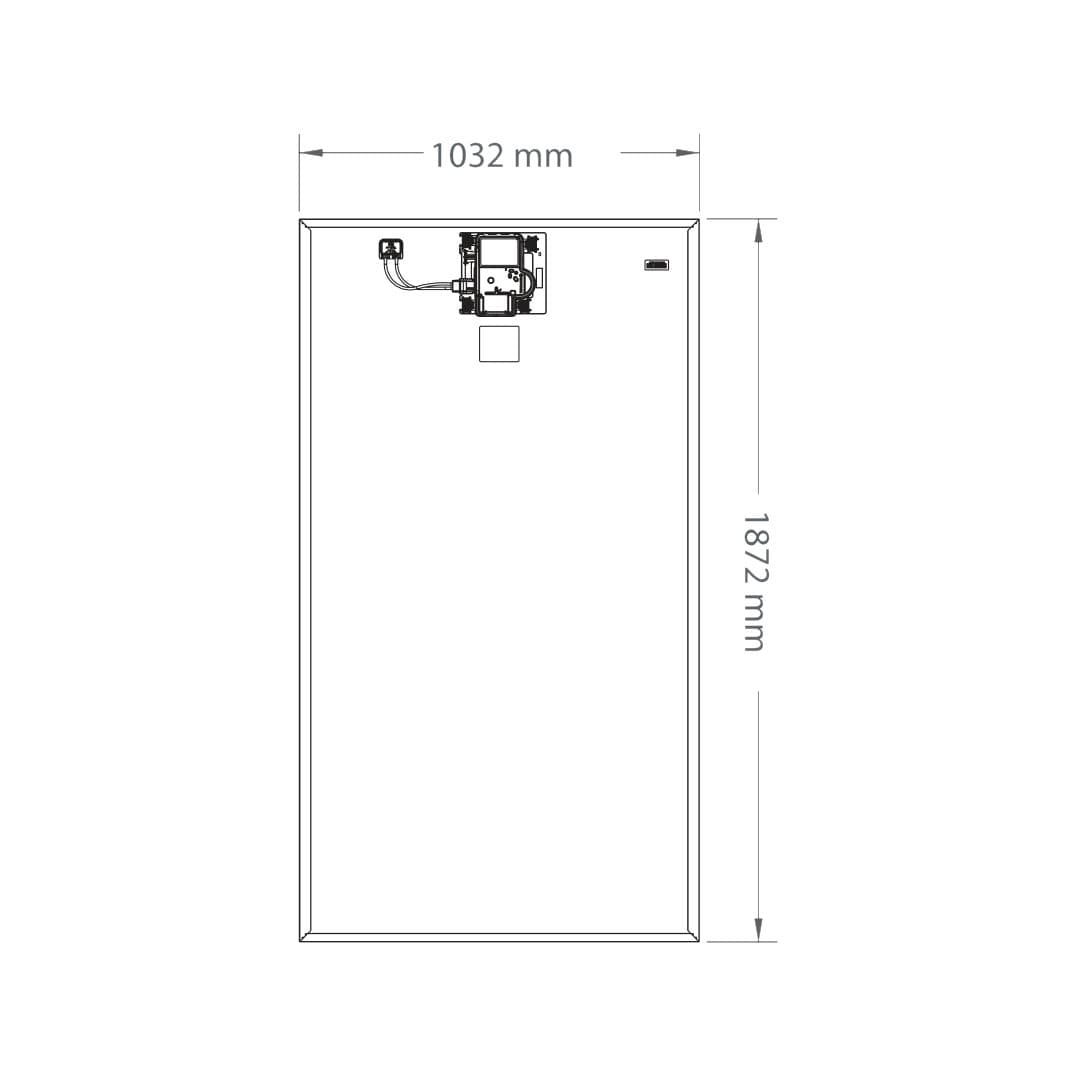 Schéma coté du panneau SunPower Maxeon 6 AC : 1 032 mm de large sur 1 872 mm de haut, avec le micro-onduleur au dos.