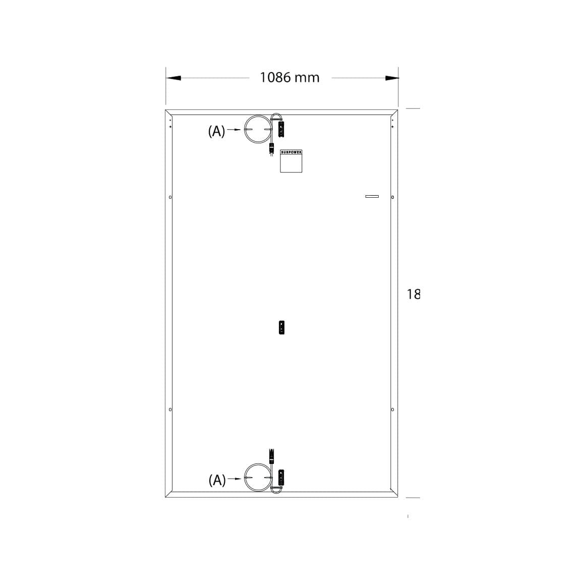 Schéma coté du panneau SunPower Performance 6 : vue arrière du module, largeur 1 086 mm, boîtier de jonction et connecteurs.