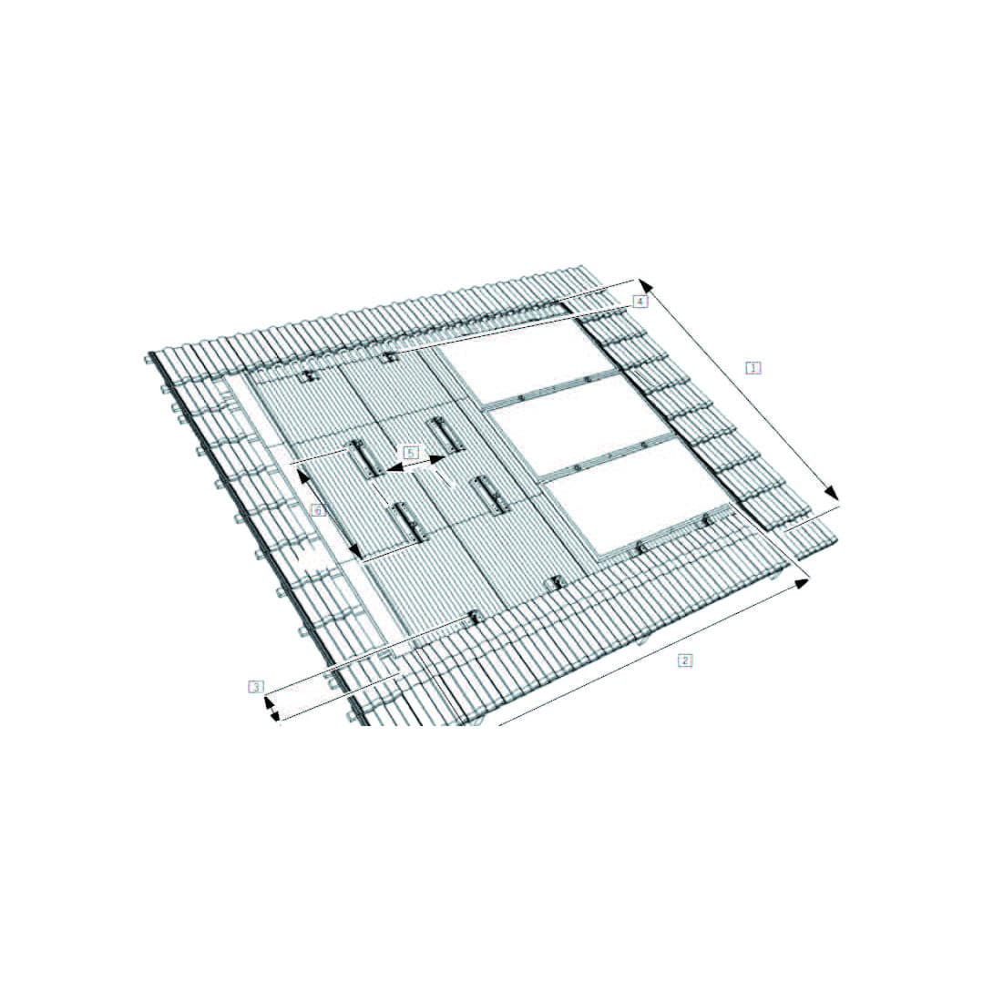 Schéma d’implantation coté du bac aluminium Theta sur une toiture : contour du bac, rails et emplacements des modules.
