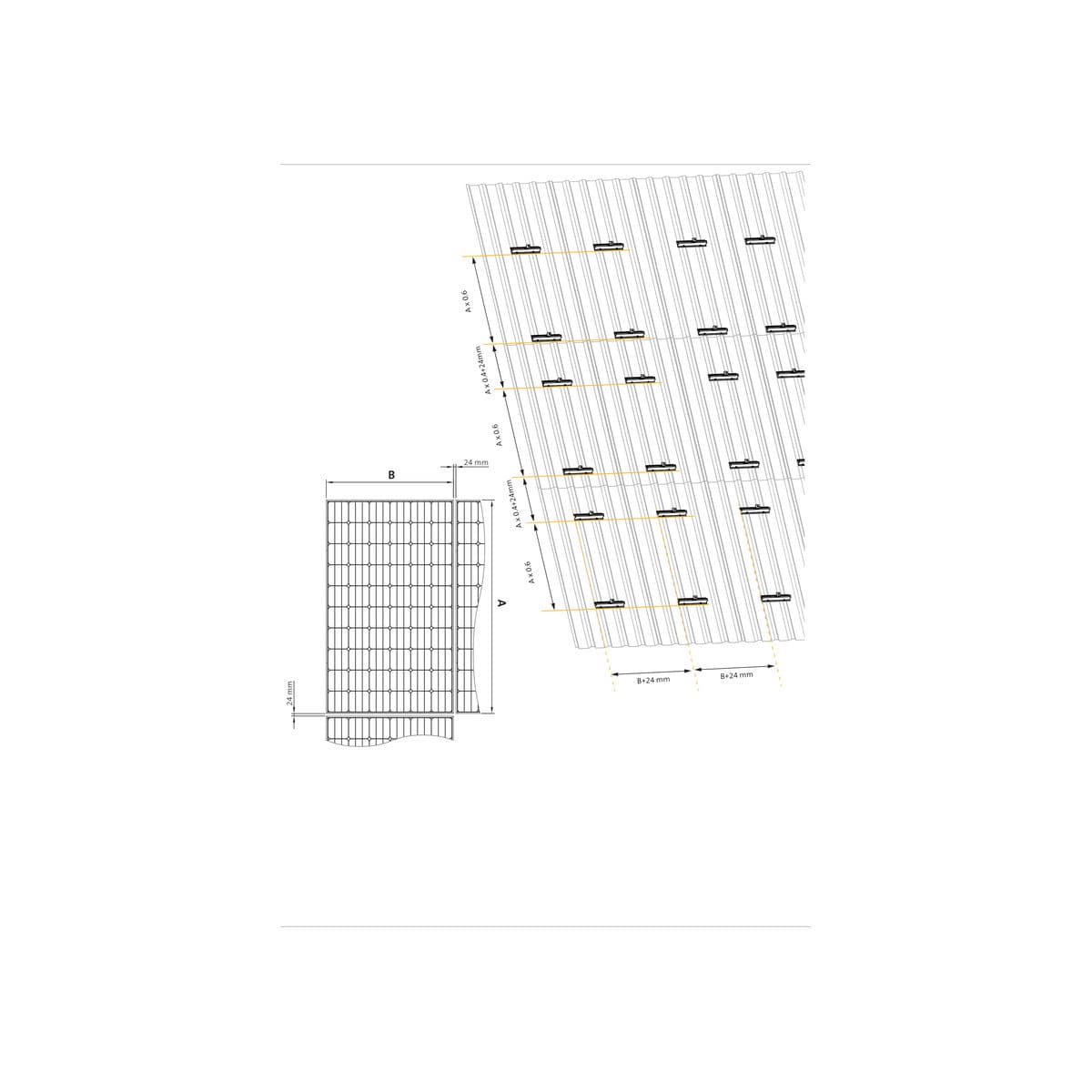 Schéma d’implantation du Renusol MS+ sur bac acier nervuré : répartition des supports et entraxes calculés d’après les dimensions du module.