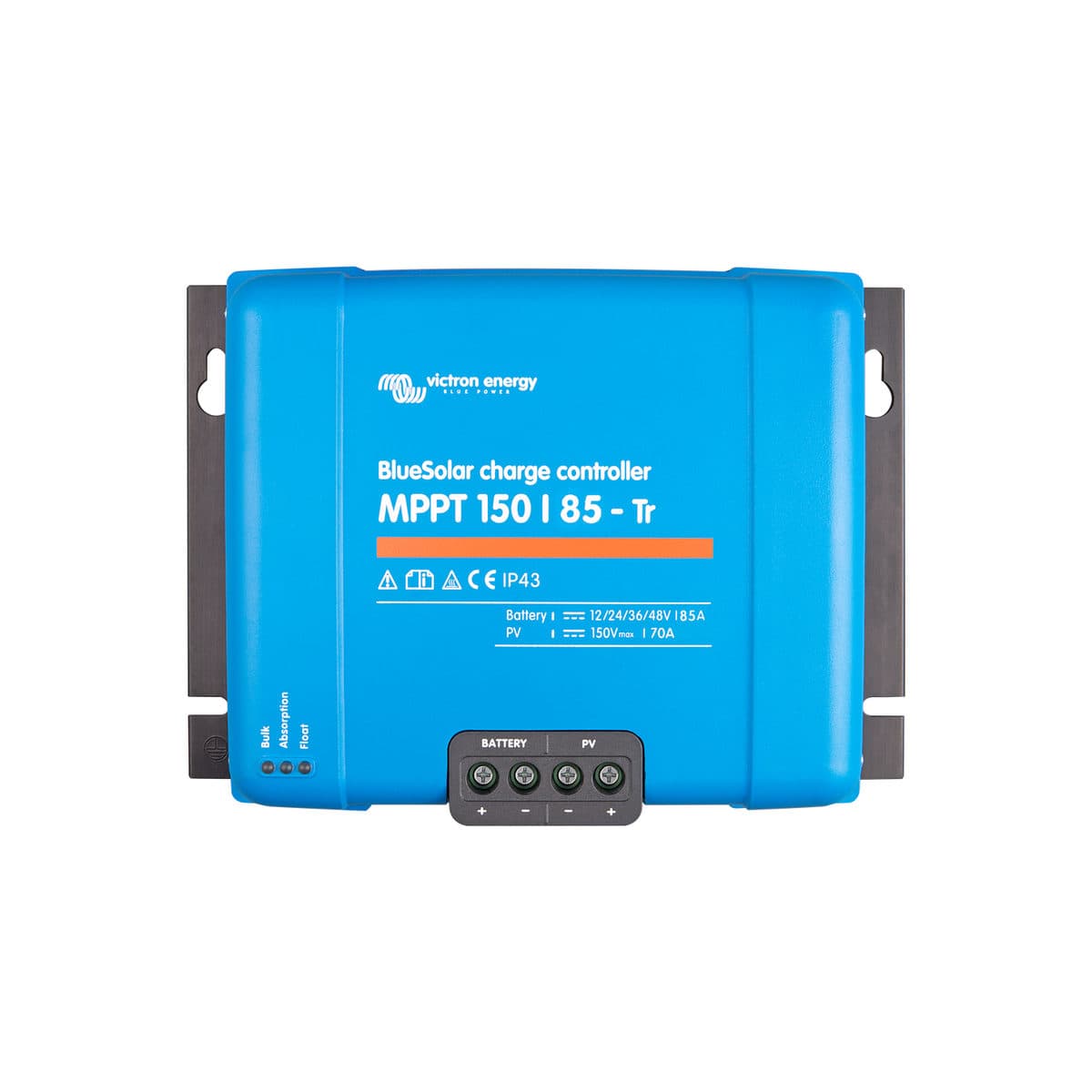 Régulateur solaire Victron BlueSolar MPPT vu de face : boîtier bleu à équerres de fixation noires, bornier batterie et bornier PV en partie basse, voyants Bulk, Absorption et Float.