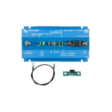 Système de gestion de batterie Victron Smart BMS CL 12/100 : platine bleue à bornes et borniers de raccordement, sérigraphiée « Smart BMS CL 12-100 », accompagnée de son câble de sonde et de sa petite carte de préalarme.