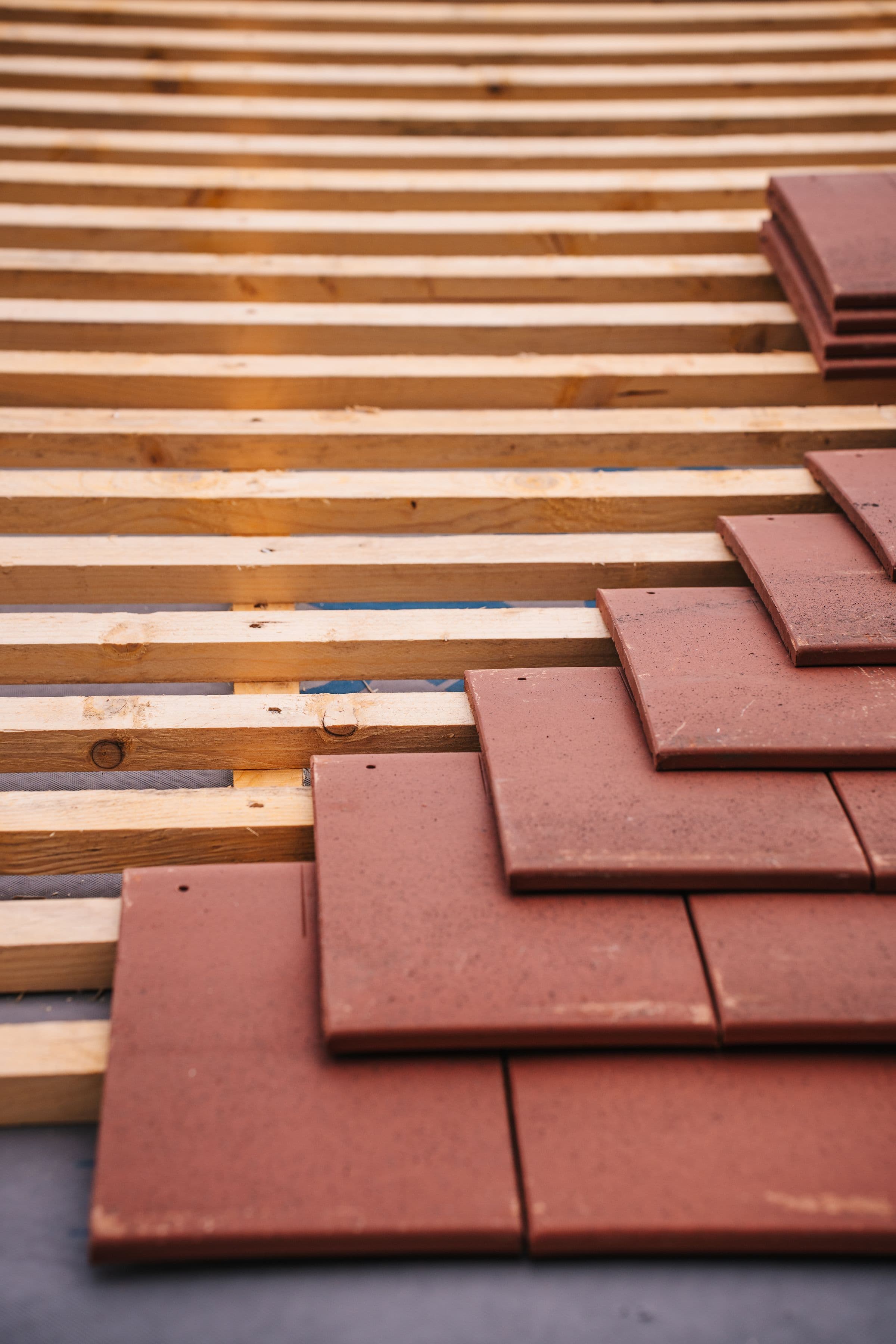 Gros plan d’une charpente de toiture avec tuiles en terre cuite posées en escalier, lumière dorée.